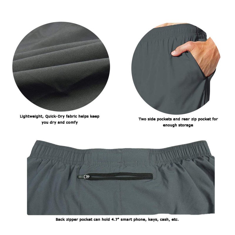 EZRUN Men's 5 Inches Running Workout Shorts Quick Dry Lightweight Athletic Shorts with Liner Zipper Pockets,Grey,XL - Image 4